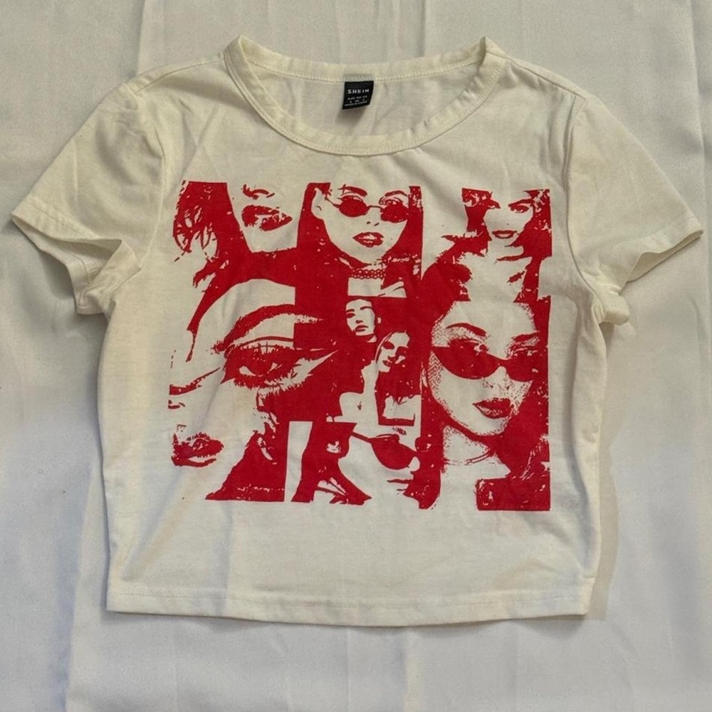 SHEIN White Crop Tee with Red Graphic Faces